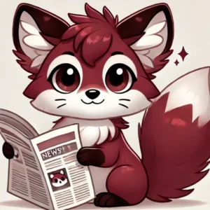 Kenai Kenai, uma raposa vermelha. Ele está segurando um jornal. É o mascote do nosso site.